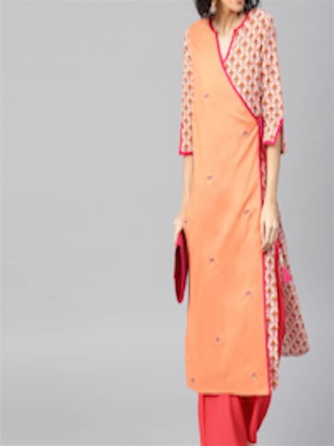 Buy Jaipur Kurti Women Peach Coloured Coral Pink Printed Kurta With