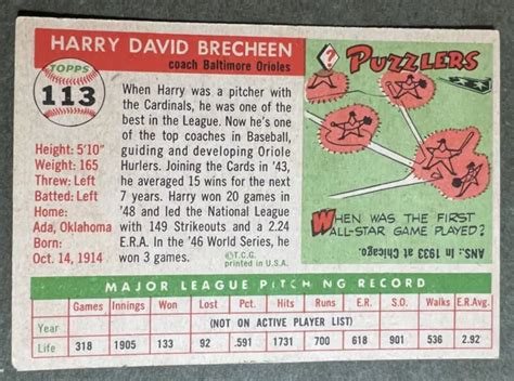 Topps Harry Brecheen Orioles De Baltimore Eur Picclick Fr