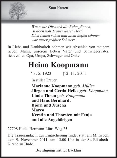 Traueranzeigen Von Heino Koopmann Nordwest Trauer De