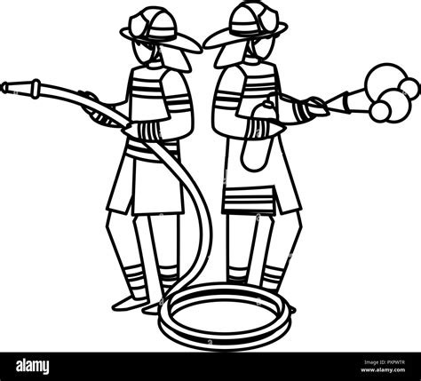 Avatar Firemen With Hose And Fire Extinguiser Over White Background Vector Illustration Stock