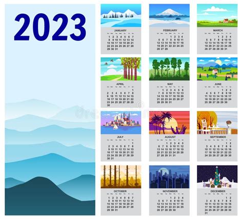 Paisajes Naturales Del Calendario 2023 De Cuatro Estaciones Ilustración