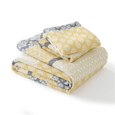 Pangushan 100 Cotton Quilt Yellow Gray 3 Piece Floral Queen Bedding