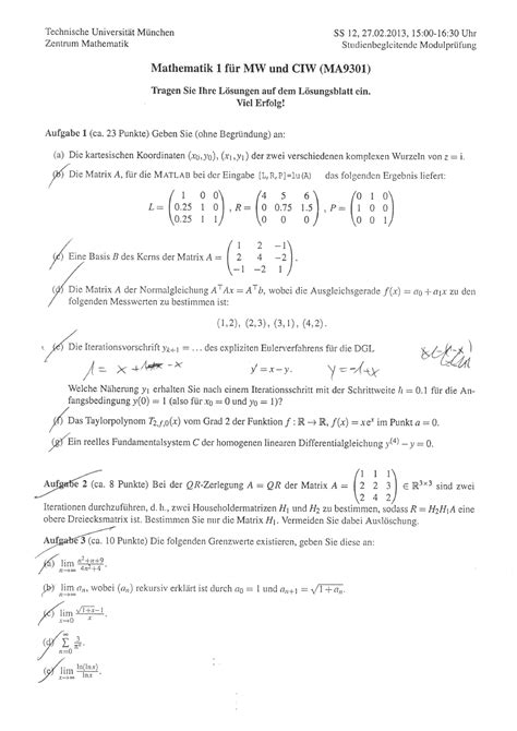 Mathe I SS12 Altklausur Höhere Mathematik 1 TUM Studocu