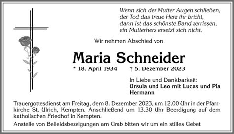 Traueranzeigen Von Maria Schneider Allg Uer Zeitung