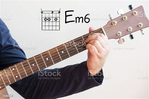 Man Playing Guitar Chords Displayed On Whiteboard Chord E Minor 6 Stock