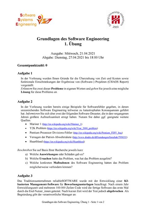 Uebungsblatt Bungsblatt Grundlagen Des Software Engineering