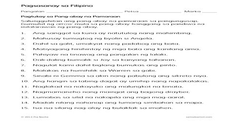 Pagsasanay Sa Filipino Salungguhitan Ang Pang Abay Na Panang Ayon O Pang Abay Na Pananggi Sa