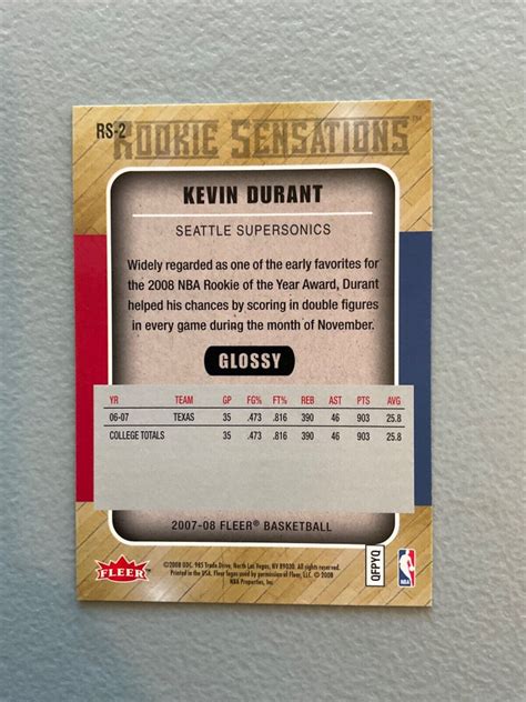 2007 08 Fleer Rookie Sensations RC Kevin Durant RS 2 NBA Basketball