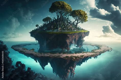 sky fantasy island, floating island with pools and trees, fairy tale ...