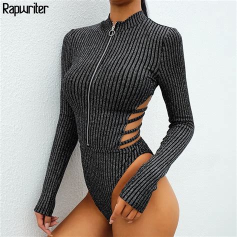 Rapwriter Sexy Backless Turtleneck Zipper Elastic Glitter Silver