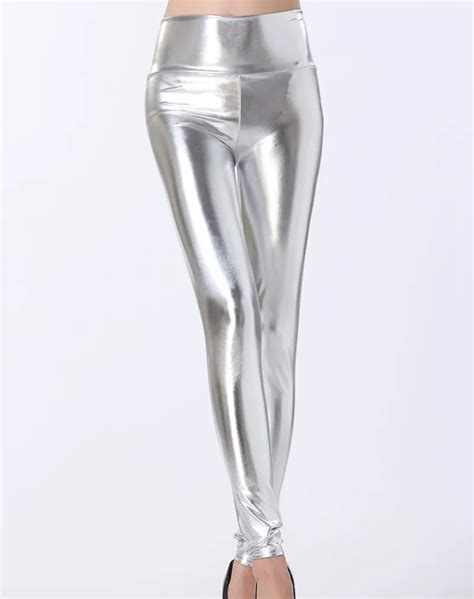 Lady Stretched High Waist Fashion Street Leggings Women Solid Silver