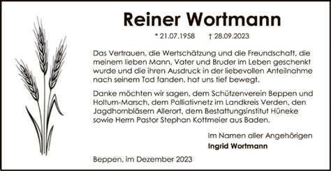 Traueranzeigen Von Reiner Wortmann Trauer Kreiszeitung De