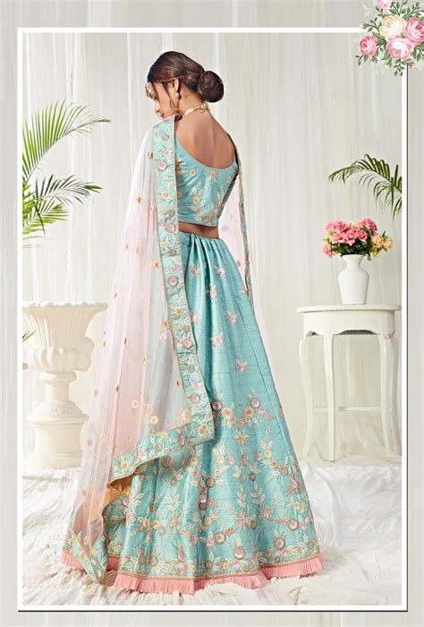 Light Blue Embroidered Mulberry Silk Lehenga Choli Lehengas Designer