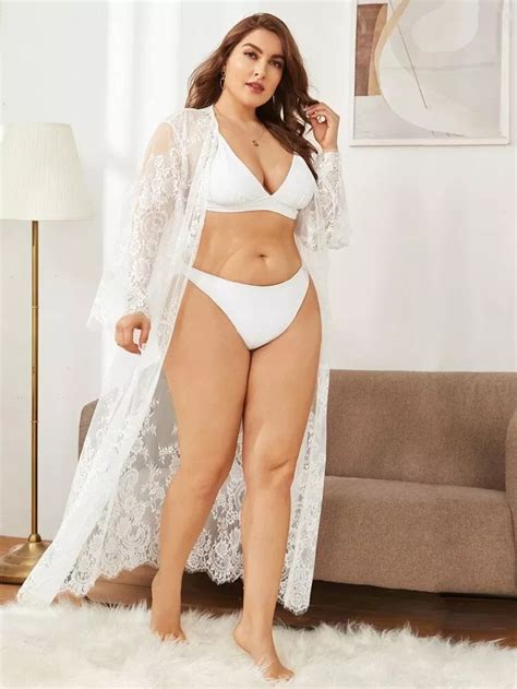 Plus Sheer Lace Robe Without Lingerie Set SHEIN USA Plus Size