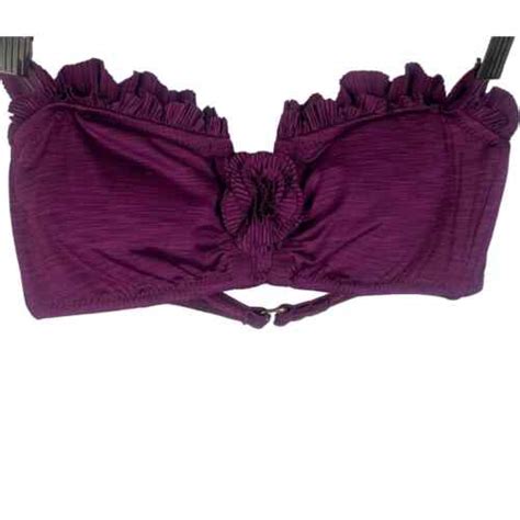 Betsey Johnson Swim Floral Ruffle Bandeau Bikini Top Purple Plum Womens