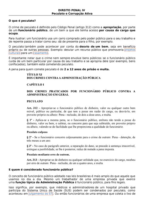 Direito Penal Iv Peculato E Corrup O Ativa Direito Penal Iv