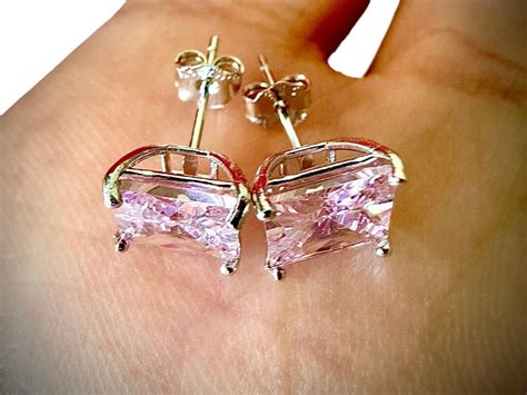 Pink Tourmaline Earrings Sterling Silver Earrings Square Cut Pink