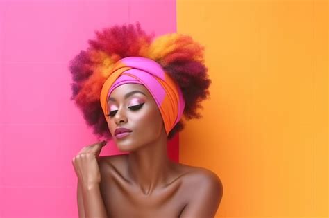 Premium Ai Image A Woman With Bright Orange And Pink Hair In A Bright