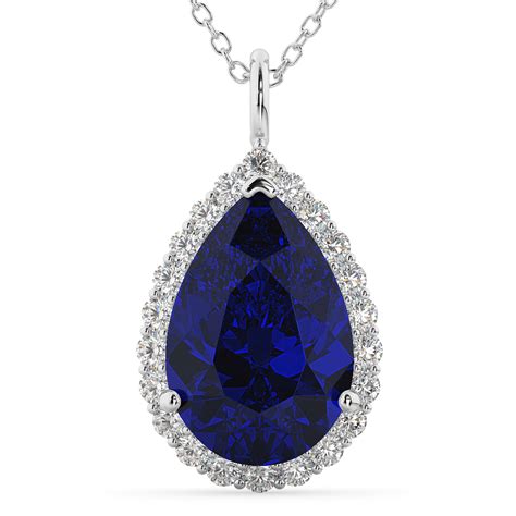 Halo Blue Sapphire Diamond Pear Shaped Pendant Necklace K White