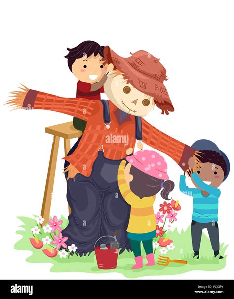 Illustration of Stickman Kids Putting a Scarecrow in the Garden Stock ...