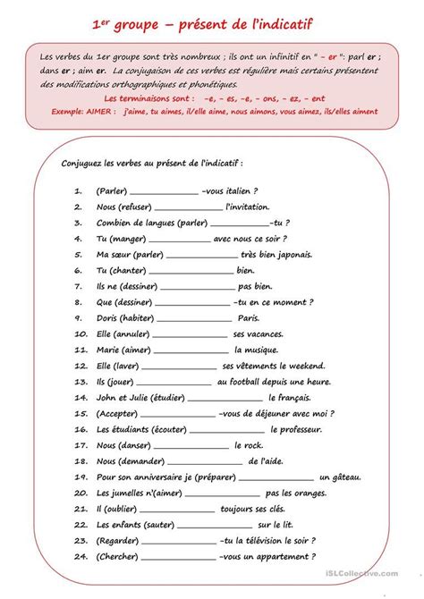 PRESENT DE L INDICATIF Er Groupe Exercices Conjugaison Exercice 20916