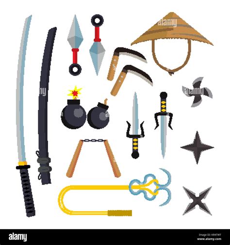 Ninja Weapons Set Vector Assassin Accessories Star Sword Sai