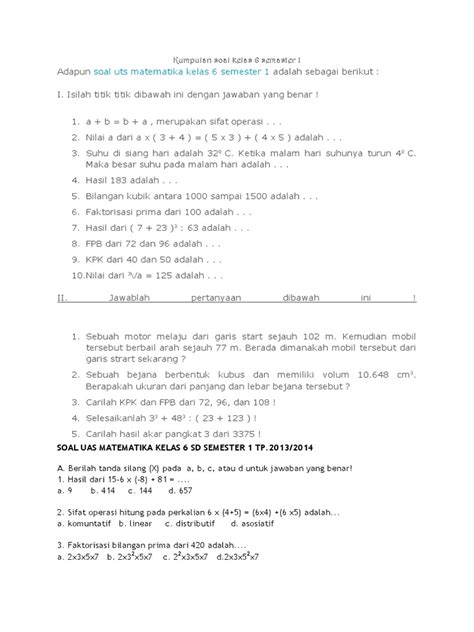 Pdf Soal Uas Matematika Kelas 6 Sd Semester 1 Tp Dokumentips