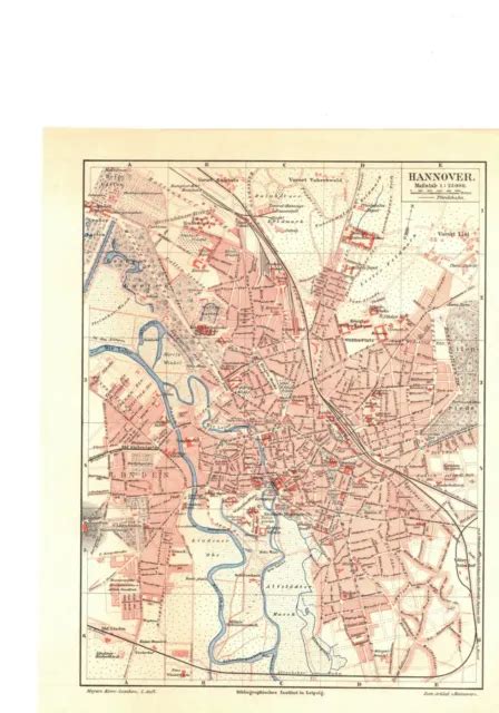 Hannover Alter Historischer Stadtplan Landkarte Lithographie Um