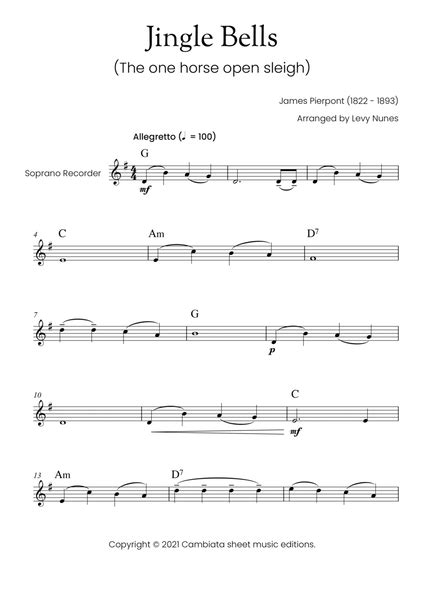 Jingle Bells For Soprano Recorder With Chord Symbols Easy Beginner