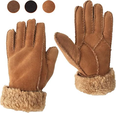 Genuine Shearling Sheepskin Fur Lined Leather Gloves Winter Gloves