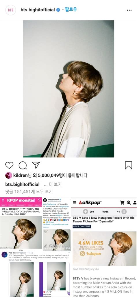 방탄소년단 뷔 인스타그램 500만 ‘좋아요한국 남자 아티스트 최초 최고 기록 역시 김태형 미디어원