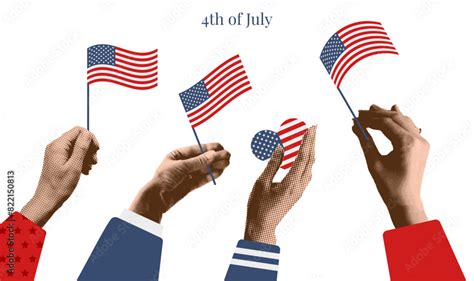 Halftone Collage People Hands Holding Flags Celebrating Independence