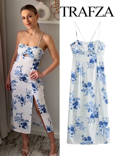 Trafza Women Fashion Flower Print Hollow Out Hem Slit Long Dress Summer