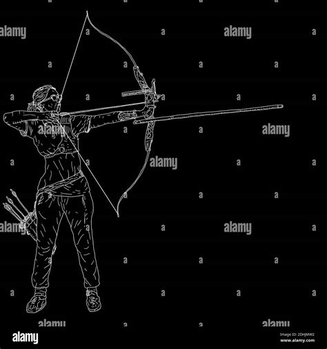 Sketches Silhouettes Attractive Female Archer Bending A Bow And Aiming