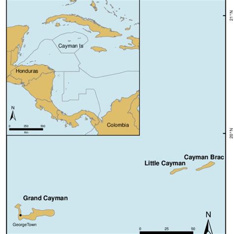 Map of the Cayman Islands showing Grand Cayman, Little Cayman and ...