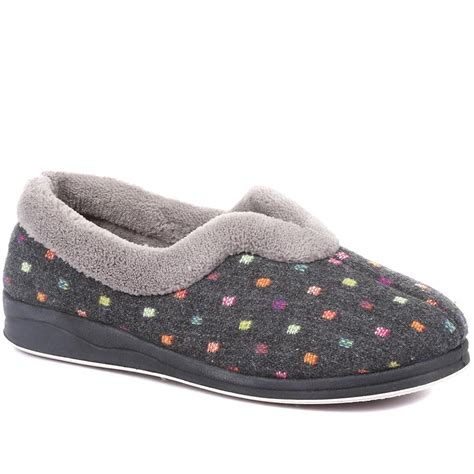 Pavers Ladies Wide Fit Polka Dot Slippers In Dark Grey With Memory Foam