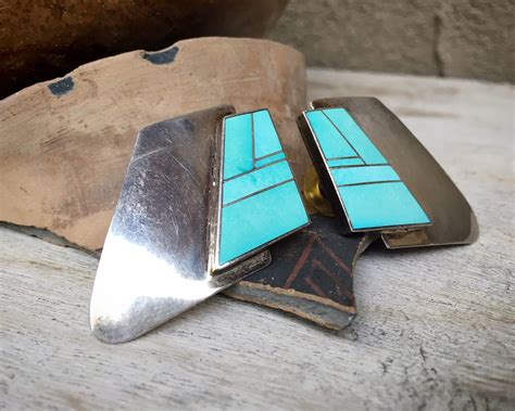 Navajo Ray Tracey Sterling Silver Turquoise Channel Inlay Earrings