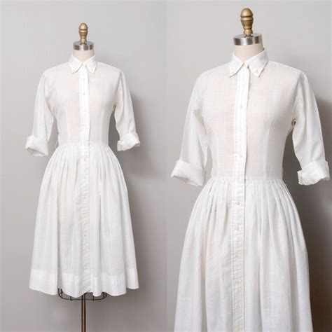 1950s Dress Sheer White Shirtwaist Full Skirt 50s Dress