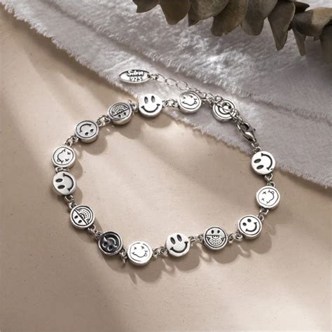 Pulsera De Plata De Ley Con Cara Sonriente Mutil Brazalete De