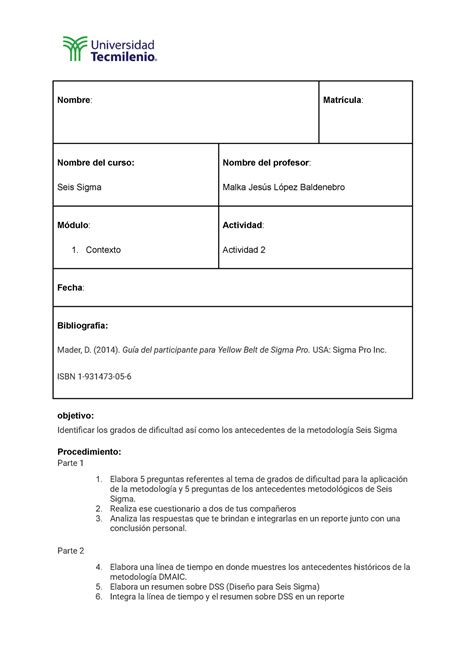 Six Sigma Act Nombre Matr Cula Nombre Del Curso Seis Sigma