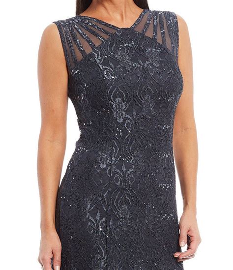 R M Richards Illusion Shoulder High V Neck Sleeveless Lace Sheath