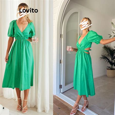 Lovito Vestido Casual Recorte Liso Para Mulheres Lnl Verde