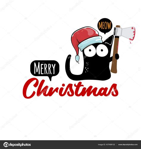 Merry Christmas Greeting Card Or Banner With Black Cat With Santa Hat