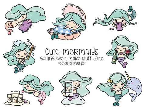 Premium Vector Clipart Kawaii Mermaid Cute Mermaid Clipart Etsy