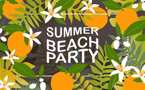 Summer Beach Party Banner With Tropical Leaves And Juicy Oranges With