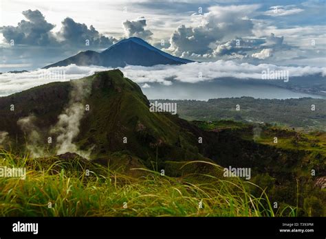 Active Indonesian Volcano Batur In The Tropical Island Bali Indonesia