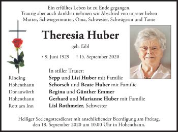 Traueranzeigen Von Theresia Huber Trauer Merkur De