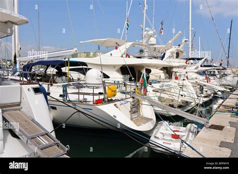 Large Cabin Cruisers Moored At Antibes Marina Stock Photo Alamy