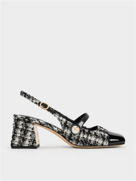 Black Textured Aeryn Tweed Pearl Embellished Slingback Pumps CHARLES