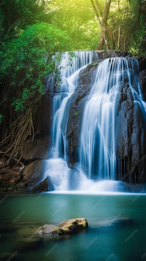 Premium AI Image | A waterfall in the jungle is surrounded by green plants.